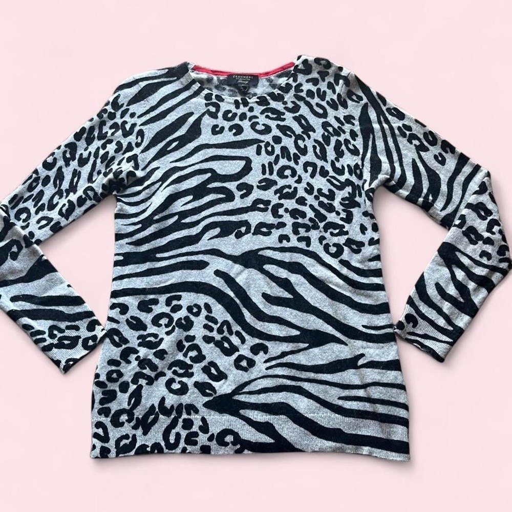 Charter Club Luxury Cashmere Animal Print Sweater Gray Black Zebra Leopard L
